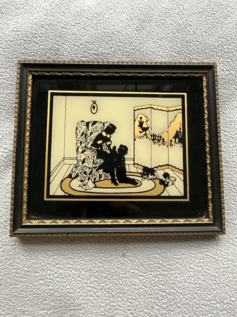 Vintage Reverse Painted Silhouette Profile Hearthside Mother Child Antique Mini